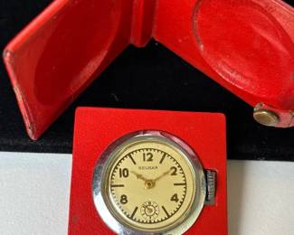 Tiny Vintage Belmar Pocket Watch in Red Leather Case * Travel Clock
