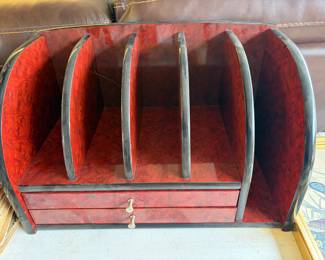 Vintage Art Deco-style desk organizer with a high-gloss red burl wood finish and black lacquered edges