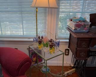 Mid Century iron & glass lamp table w/magazine rack and 1960's drink caddy with glasses
