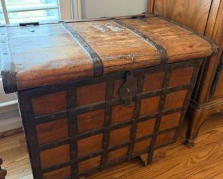 Vintage Indian carved wood dowry chest