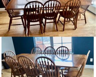 *PRE-SALE ITEM - 1 Piece Bassett Furniture China Cabinet/Hutch is is 48 inches wide x 16 deep x 71 inches tall $200
*PRE-SALE ITEM - Matching Bassett Furniture Table can be small with just the 2 End Pieces is 32 inches Long x 40 inches Wide x 30 inches Tall, BUT There are 5 Leaves in it. 3 of the Leaves are 12 inches, 2 of the leaves are 14.5 inches.  Altogether, including the 5 Leaves it is 97 Long. Includes Pads. $150
*PRE- SALE ITEM - Richardson Brothers Company Farmhouse Chairs. $150. 
*Or ALL 10 Pieces (Cabinet, Table & 8 Chairs) FOR $400 All Located on the Main Floor No Steps. 