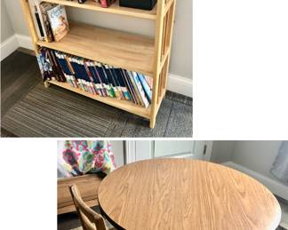 *PRE-SALE ITEM - Round Adjustable Height Kids Table is 36 inches round x 22 inches Tall $85 + Chair $10 Located Upstairs. 
 *PRE-SALE ITEM - 3 Shelf Folding Bookcase that collapses is 30 inches Wide x 12 inches Deep x 38 inches Tall $30