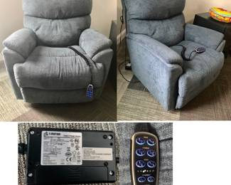 *PRE-SALE ITEM Blue Power La-Z-Boy Lumbar Electric Rocker Recliner is 36 inches Wide x 34 inches Deep x 40 inches Tall and is in Like New Condition. $1200 New, Our Price $400.  Located Upstairs. 