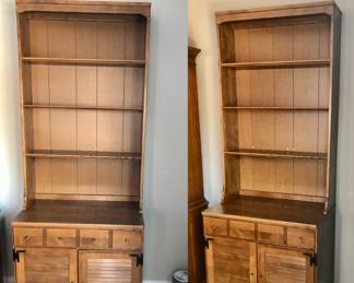 PRE-SALE ITEM - #1 of a Pair of 2 Piece Vintage Ethan Allen Heirloom Nutmeg Maple Cabinet with HutchBase is 30 inches Wide x 18 inches Deep x 30 inches Tall without the Shelves.
Shelves are 30 inches Wide x 8 inches Deep x 48 inches Tall. There are 2 of these and Both are in great shape. $225 Each