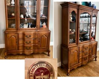 *PRE-SALE ITEM - 1 Piece Bassett Furniture China Cabinet/Hutch is is 48 inches wide x 16 deep x 71 inches tall $200
*PRE-SALE ITEM - Matching Bassett Furniture Table can be small with just the 2 End Pieces is 32 inches Long x 40 inches Wide x 30 inches Tall, BUT There are 5 Leaves in it. 3 of the Leaves are 12 inches, 2 of the leaves are 14.5 inches.  Altogether, including the 5 Leaves it is 97 Long. Includes Pads. $150
*PRE- SALE ITEM - Richardson Brothers Company Farmhouse Chairs. $150. 
*Or ALL 10 Pieces (Cabinet, Table & 8 Chairs) FOR $400 All Located on the Main Floor No Steps. 