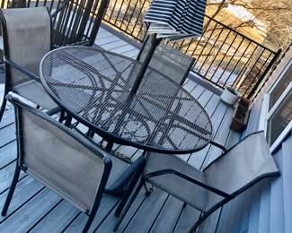 PRE-SALE ITEM - Hampton Bay Nantucket 48 inches round x 28 tall metal outdoor patio dining table $65, Umbrella w stand $50 and 4 Chairs $50 or $150 for ALL