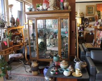 Outstanding glass front cabinet and sofa table and end tables 50% off pottery 70% off