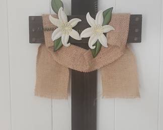 Rustic Wooden Cross with Lilies and Burlap Ribbon