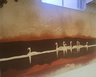 Mid-Century Modern Swan Landscape Fabric Artwork