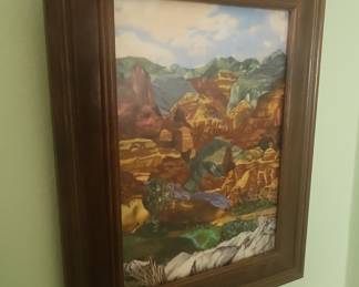 Vintage Framed Landscape Painting of a Desert Canyon 