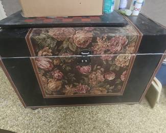  Floral Tapestry Upholstered Steamer Trunk