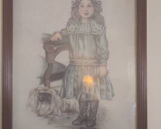 Pencil Drawing of a Young Girl with a Pekingese Dog by Robert Gurney