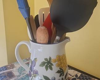 Vintage Porcelain Pitcher with Fruit Motif - Utensil Holder