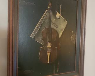 Framed Still Life Painting of a Violin and Sheet Music