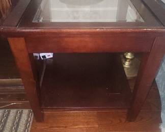 Vintage Solid Cherry Wood End Table with Glass Top