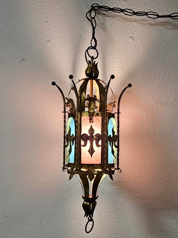 Mid Century Gilt & Colored Glass Pendant Light