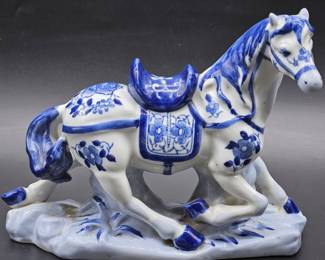 Blue & White Porcelain Chinoiserie Horse Figurine