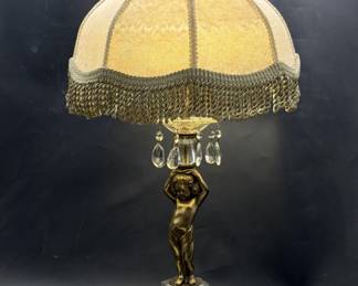 Vtg. Victorian Figural Lamp w/ Bell Shade & Prisms