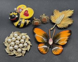 Vintage Brooches & Earrings- Faux Pearl, Enameled