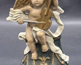 Vintage Cast Iron Cupid Playing Violin Doorstop