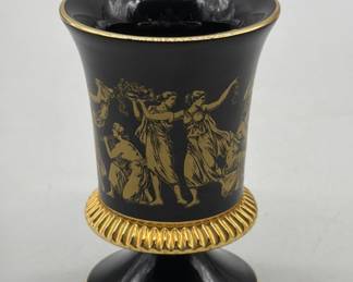 Black & Gold Footed Vase w/ Classical Greek Scene