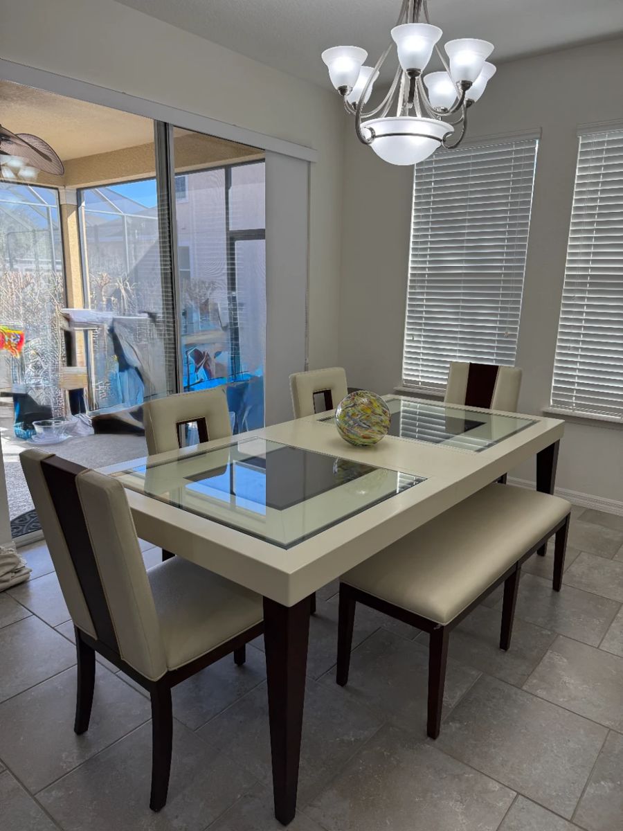 Sofia Vergara dining table w/long bench and 4 chairs