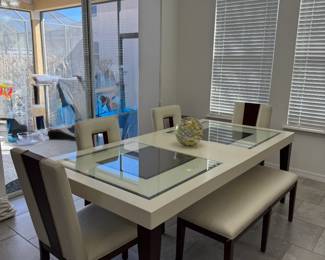 Sofia Vergara dining table w/long bench and 4 chairs