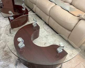 Pair of glass top, mahogany base side tables
