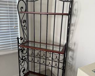 Metal bakers rack w/wine rack and glass shelves.