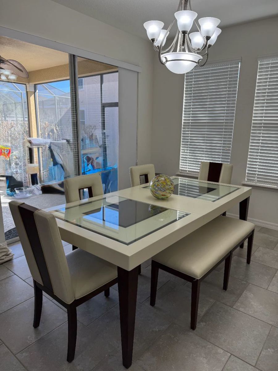 Sofia Vergara dining table w/long bench and 4 chairs