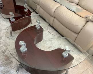 Pair of glass top, mahogany base side tables
