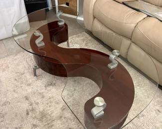 Glass top, mahogany base coffee table w/2matching side tables