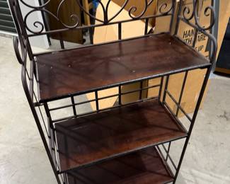 Metal folding shelving unit with wooden shelves $30