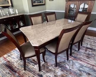 $350 - Marble Top 7 Piece Dining Set, Some wear to the chair upholstery. 