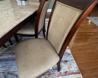 $350 - Marble Top 7 Piece Dining Set, Some wear to the chair upholstery. 