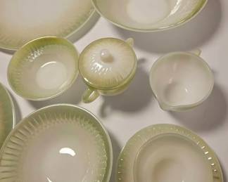 Federal Milk Glass Moonglow Green Iridescent Set