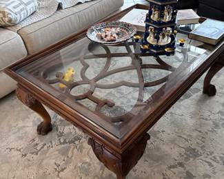 Elegant Chippendale Style Glass Top Coffee Table