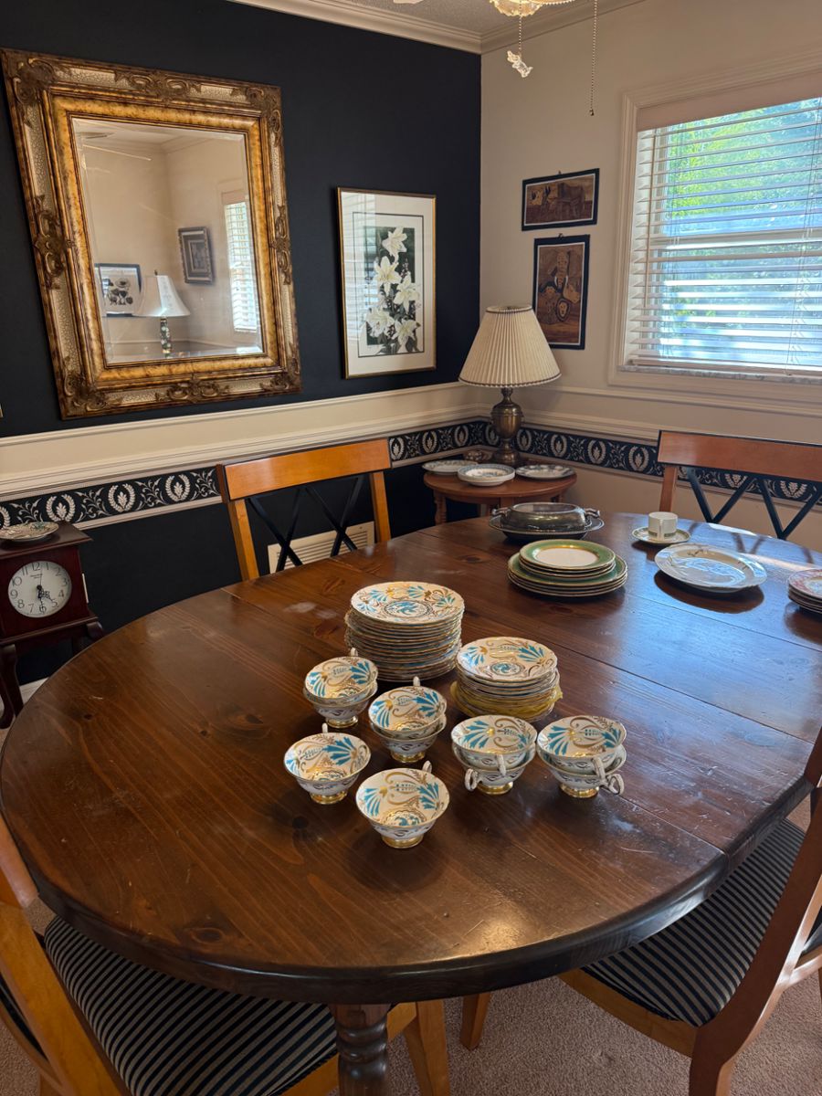 Dining table & chairs, Royal Chelsea and other beautiful china, large mirror, art, side table, bronze lamp 