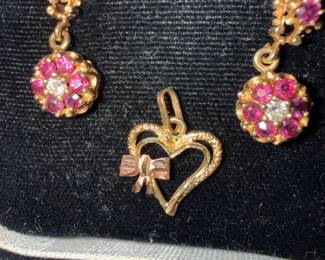 14k ruby and diamond earrings, 14k heart pendant 