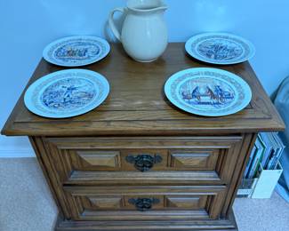 Bedside table, historical plates, pottery pitcher