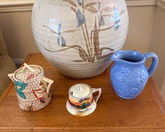 Aesthetic sugar dish, Japanese pot, pottery pitcher, pottery lamp, Heywood Wakefield side table.
