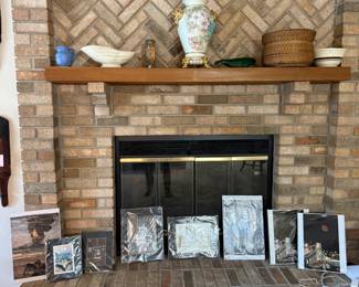 Ormolu mounted French porcelain vase, McCoy planter, Blenko glass dish, McCoy mixing bowl, vintage woven basket, pottery pitcher, wooden carved signed candle holder, unframed art