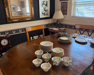 Dining table & chairs, Royal Chelsea and other beautiful china, large mirror, art, side table, bronze lamp 
