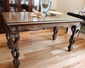 Ornate fruitwood or walnut Table with bone inlay, open pierced legs,scalloped apron Italian 19th century 