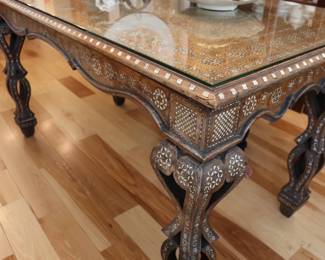 Ornate fruitwood or walnut Table with bone inlay, open pierced legs,scalloped apron Italian 19th century 