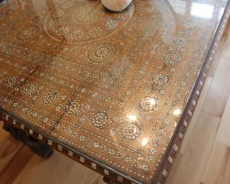 Ornate fruitwood or walnut Table with bone inlay, open pierced legs,scalloped apron Italian 19th century 