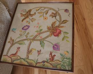  FOLDING EMBROIDERED TOP MAHOGANY TABLE/FIRE SCREEN.