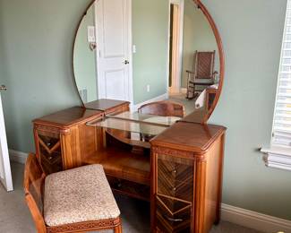 Vintage Art Deco Waterfall Vanity with Mirror and Stool