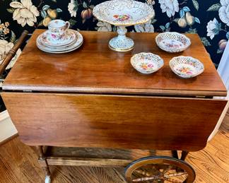 Vintage Drop Leaf Rolling Tea Cart and Schumann Bavaria Dresden China