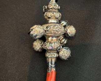 Silver Childs Rattle and Whistle with Coral